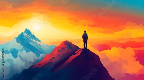 Fearless Ascent to Visionary Rewards A solitary figure stands triumphant on a majestic mountain peak silhouetted against a breathtaking sunset  This image symbolizes the power of ambition photo