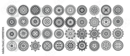 Large set of ornaments, circle rosette. Carving patterns of decorative leaves, acanthus, French cartouches, various scroll and shell elements. Tiles art Victorian design element and hand engraving.