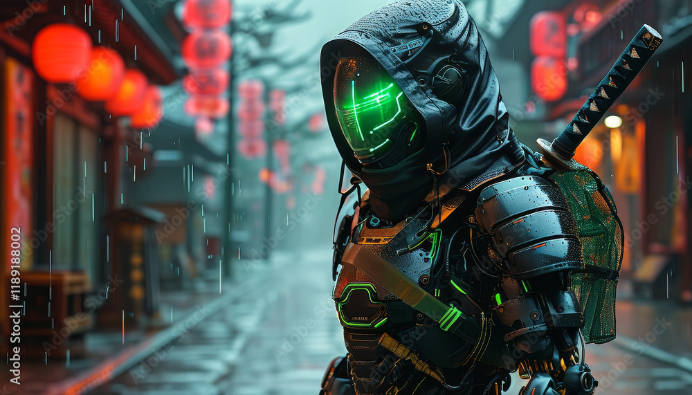 a cyborg ninja samurai with a green neon katana black cybernetic armour and hood standing in the rain, neon Tokyo, futuristic koi holograms, ancient Japanese dojo pagoda buildings, Chinese lanterns a cyborg ninja samurai with a green neon katana black cybernetic armour and hood standing in the rain, neon Tokyo, futuristic koi holograms, ancient Japanese dojo pagoda buildings, Chinese lanterns