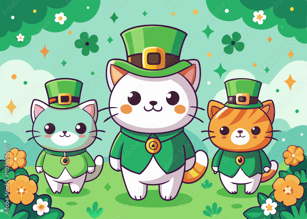 Fototapeta premium Cute Cartoon Cats Dressed for St. Patrick’s Day – Festive Feline Illustration