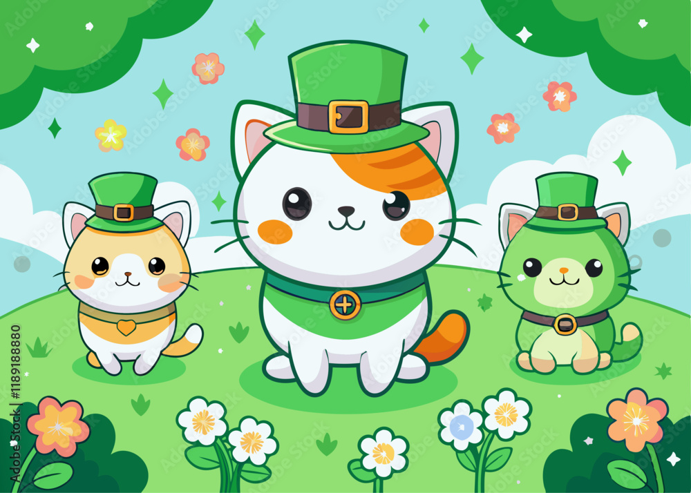 Fototapeta premium Cute Cartoon Cats Dressed for St. Patrick’s Day – Festive Feline Illustration