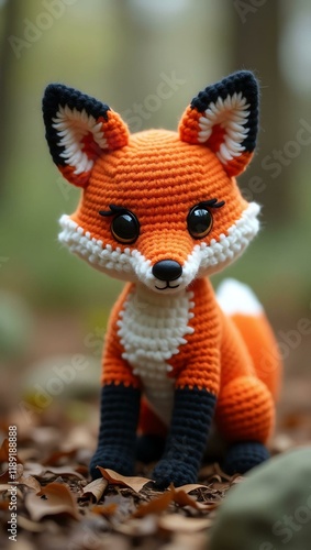 realistic highly detailed crochet of a fox with a nature background