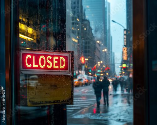 Neon closed sign on a rainy storefront window with blurred city background photo