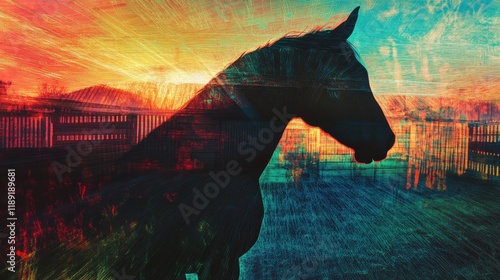 Silhouette of a horse against a vibrant sunset with colorful sky and swirling patterns photo