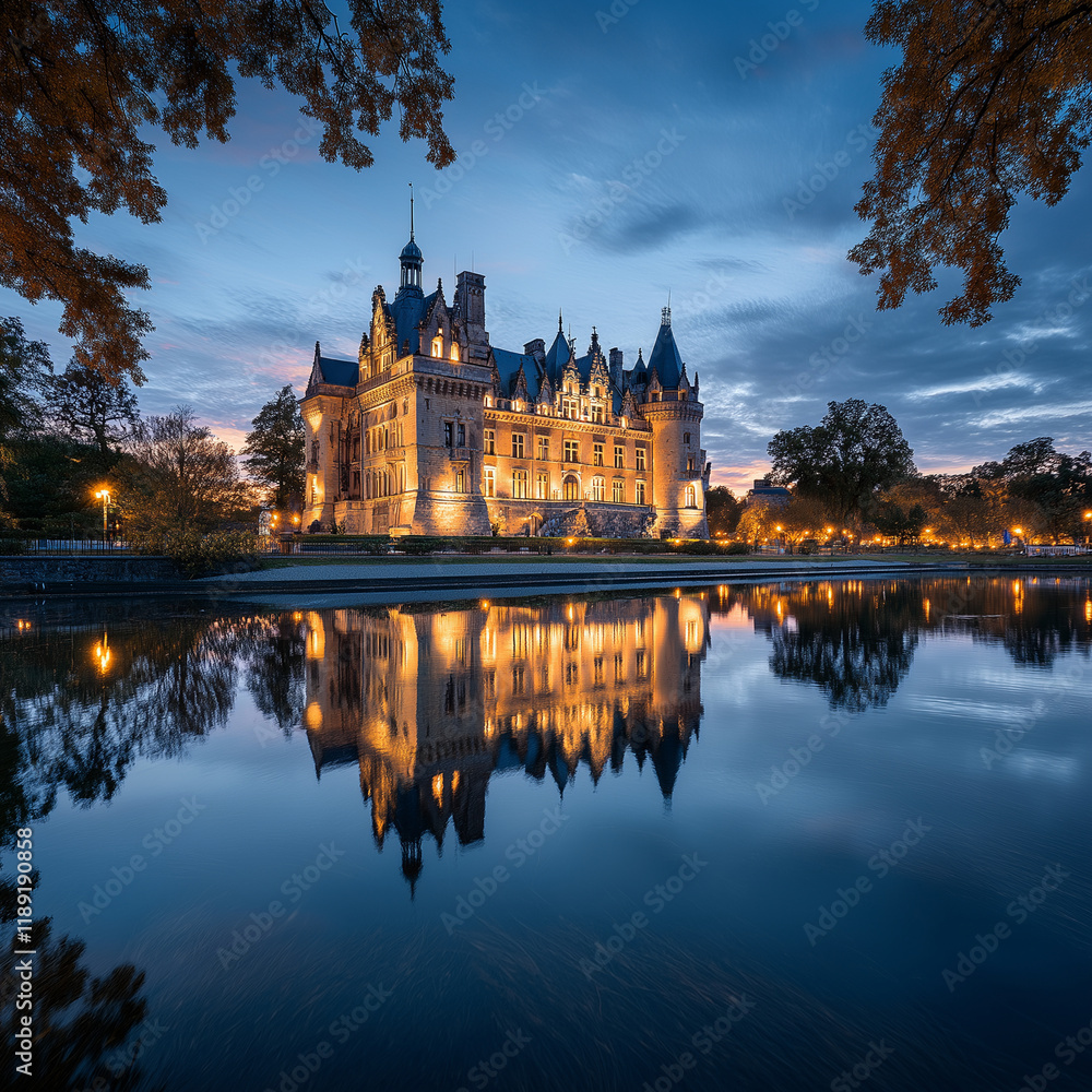 stunning castle reflecting in calm lake at dusk stunning castle reflecting in calm lake at dusk
