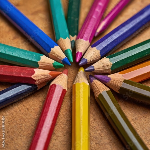 A detailed macro shot of colorful pencils arranged neatly highlighting vibrant colors and intricate textures photo