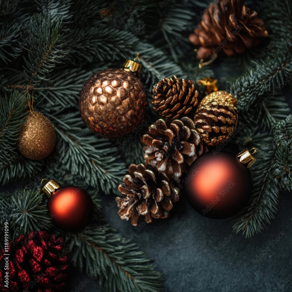 Christmas ornaments and pine cones on evergreen branches Christmas ornaments and pine cones on evergreen branches