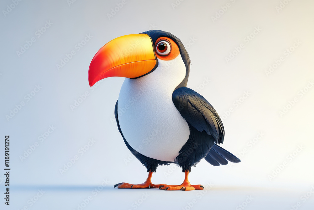 Obraz premium A cute toucan bird with a colorful beak and striking plumage poses against a pristine white background. Its playful expression adds to its charm, making it an appealing sight.