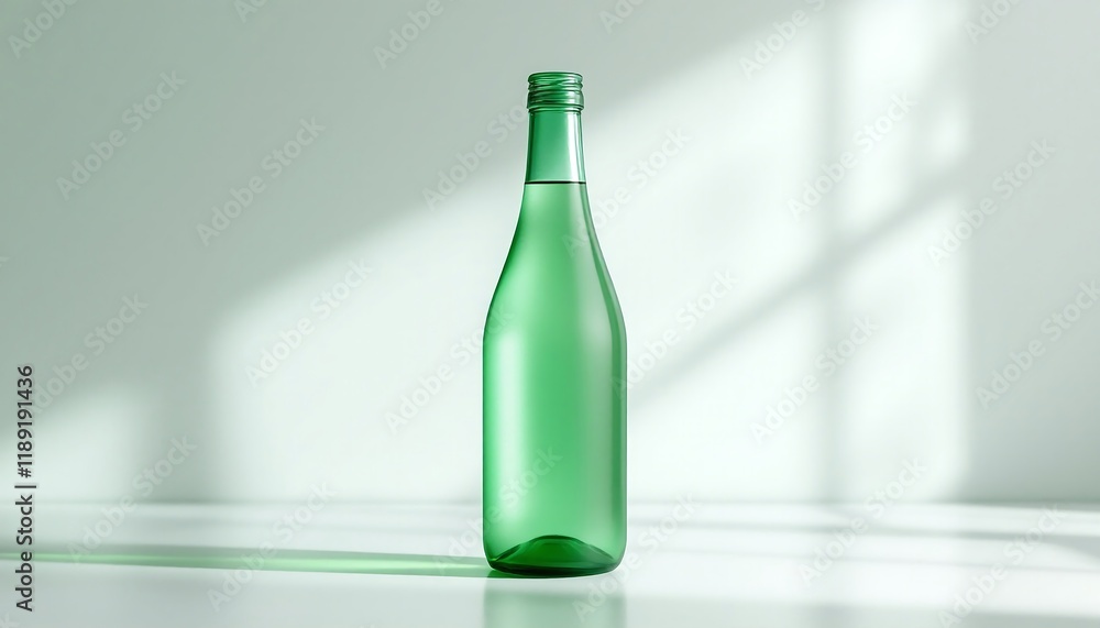 Green Glass Bottle Mockup on White Background with Sunlight Shadows Green Glass Bottle Mockup on White Background with Sunlight Shadows