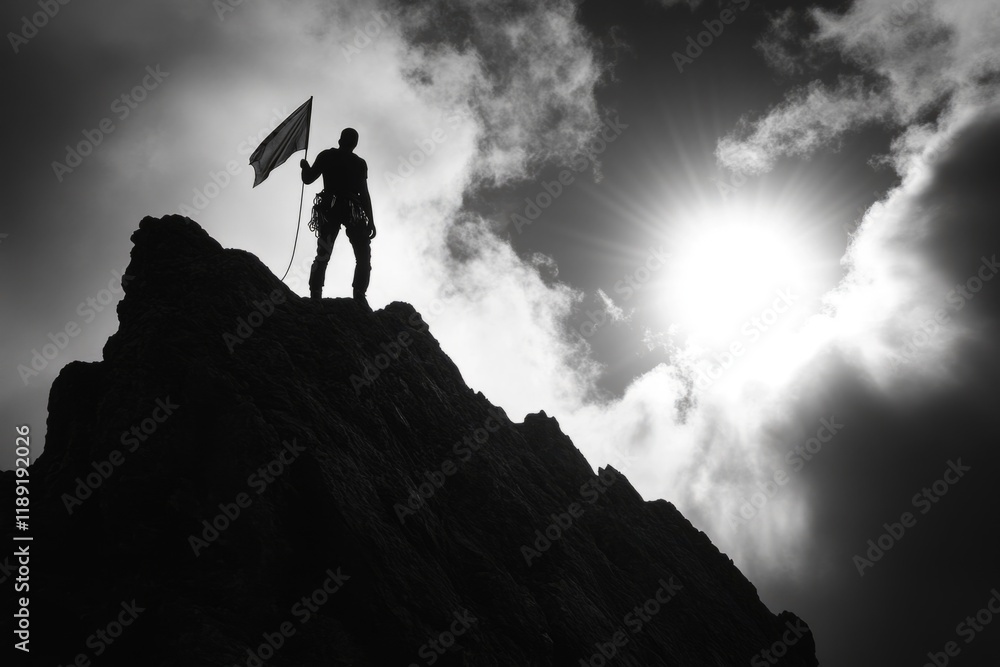 Silhouette of mountaineer planting a flag on a mountain peak, celebrating reaching the summit Silhouette of mountaineer planting a flag on a mountain peak, celebrating reaching the summit