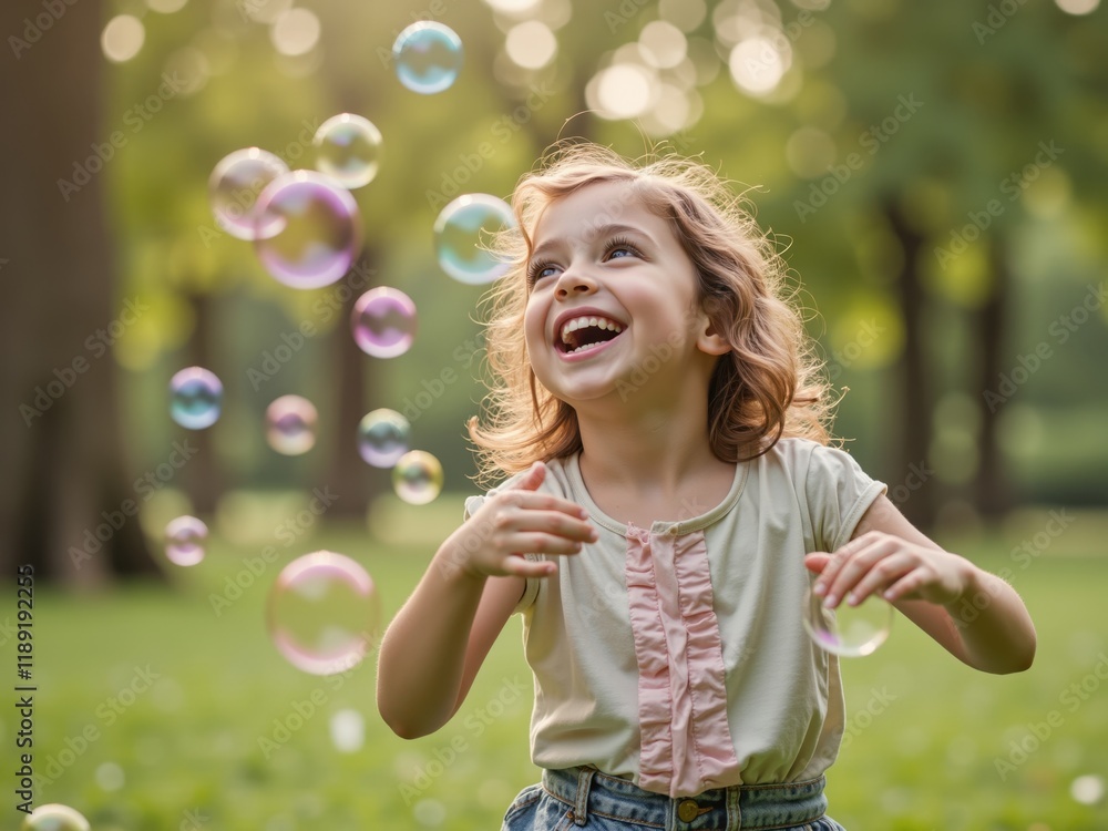 Girl Laughing with Soap Bubbles in Park Girl Laughing with Soap Bubbles in Park
