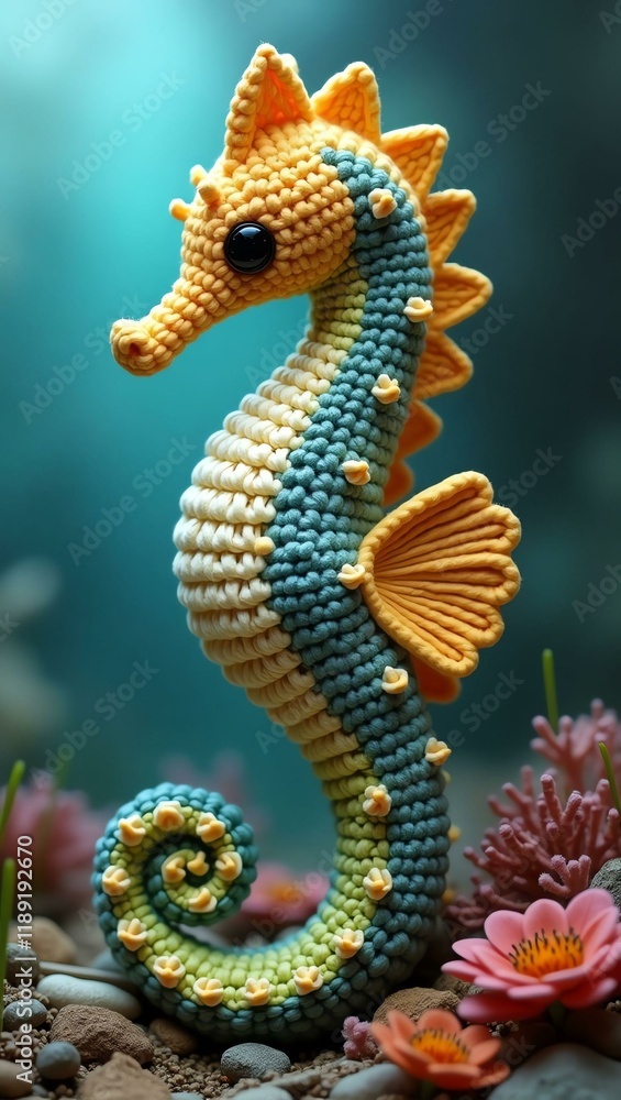 Fototapeta premium realistic highly detailed crochet of a seahorse with a nature background