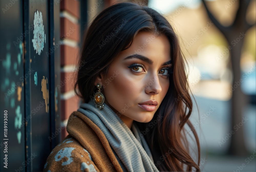 Portrait of Woman with Brown Hair, Brown Cardigan, and Ornate Earrings Portrait of Woman with Brown Hair, Brown Cardigan, and Ornate Earrings