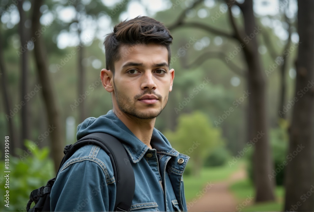 Portrait of Young Man in Forest with Backpack Portrait of Young Man in Forest with Backpack