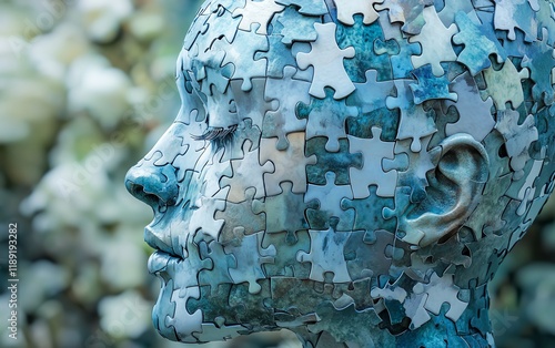 mental health concept, head made from jigsaw puzzle pieces, symbolic of emotional healing, fragmented thoughts, mind wellness