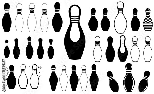 Bowling pins silhouette. Minimal Bowling sports equipment set collection, black vector illustration on white background