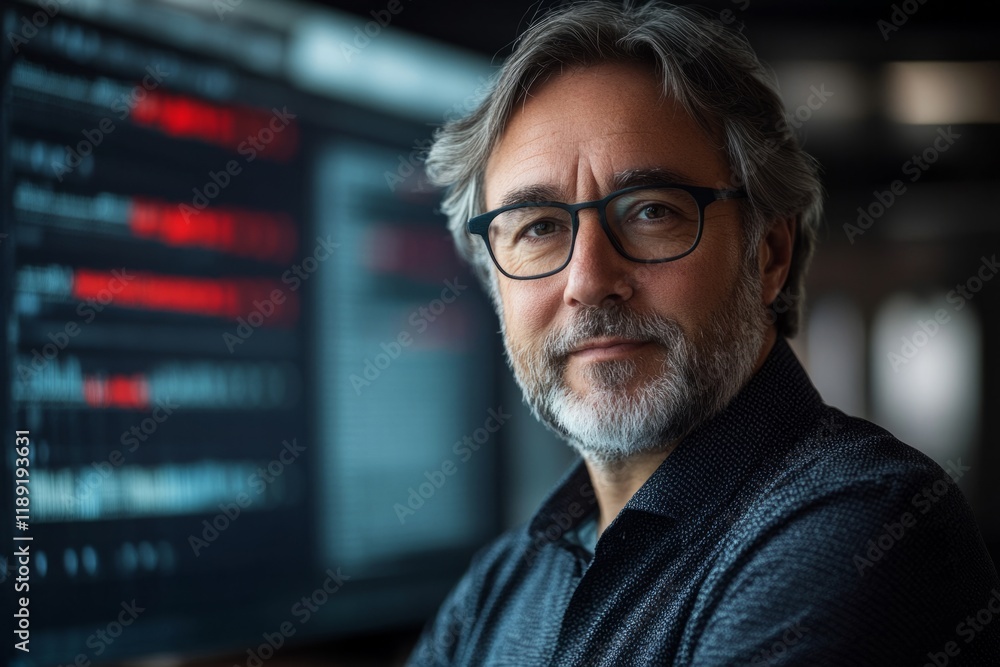 Portrait of a confident senior software developer working on computer analyzing source code with errors displayed on screen Portrait of a confident senior software developer working on computer analyzing source code with errors displayed on screen