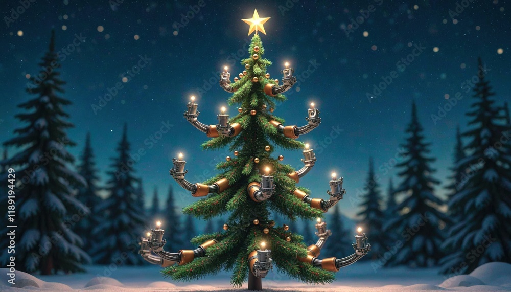 Fototapeta premium Advanced Robot Christmas Tree Against Starry Night