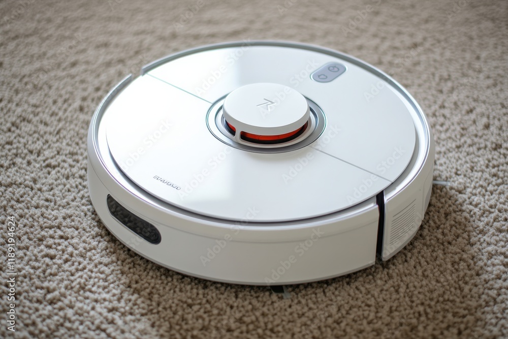 Modern Robot Vacuum Cleaner Navigating Around Furniture on Carpet with Bright Artificial Lighting in Minimalistic Interior Setting Modern Robot Vacuum Cleaner Navigating Around Furniture on Carpet with Bright Artificial Lighting in Minimalistic Interior Setting