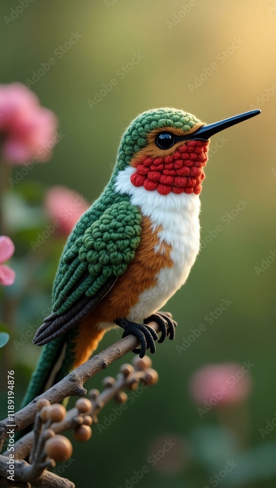 Fototapeta premium realistic highly detailed crochet of a hummingbird wi with a nature background