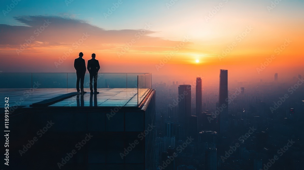 Fototapeta premium Two Businessmen Silhouetted at Dawn on Rooftop Terrace Overlooking City Skyline