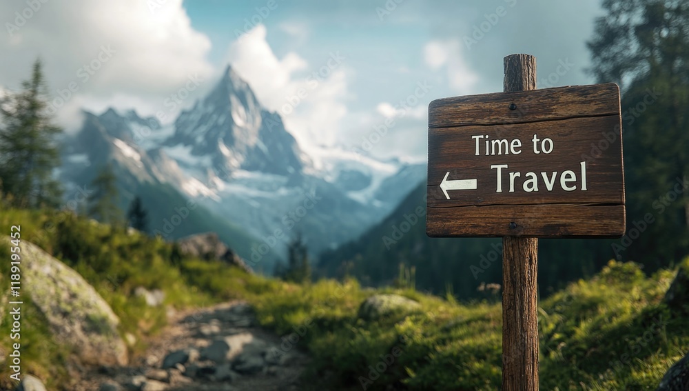 A rustic wooden sign labeled Time to Travel stands along a winding path surrounded by lush green hills and majestic mountains under a bright sky, encouraging exploration. A rustic wooden sign labeled Time to Travel stands along a winding path surrounded by lush green hills and majestic mountains under a bright sky, encouraging exploration.