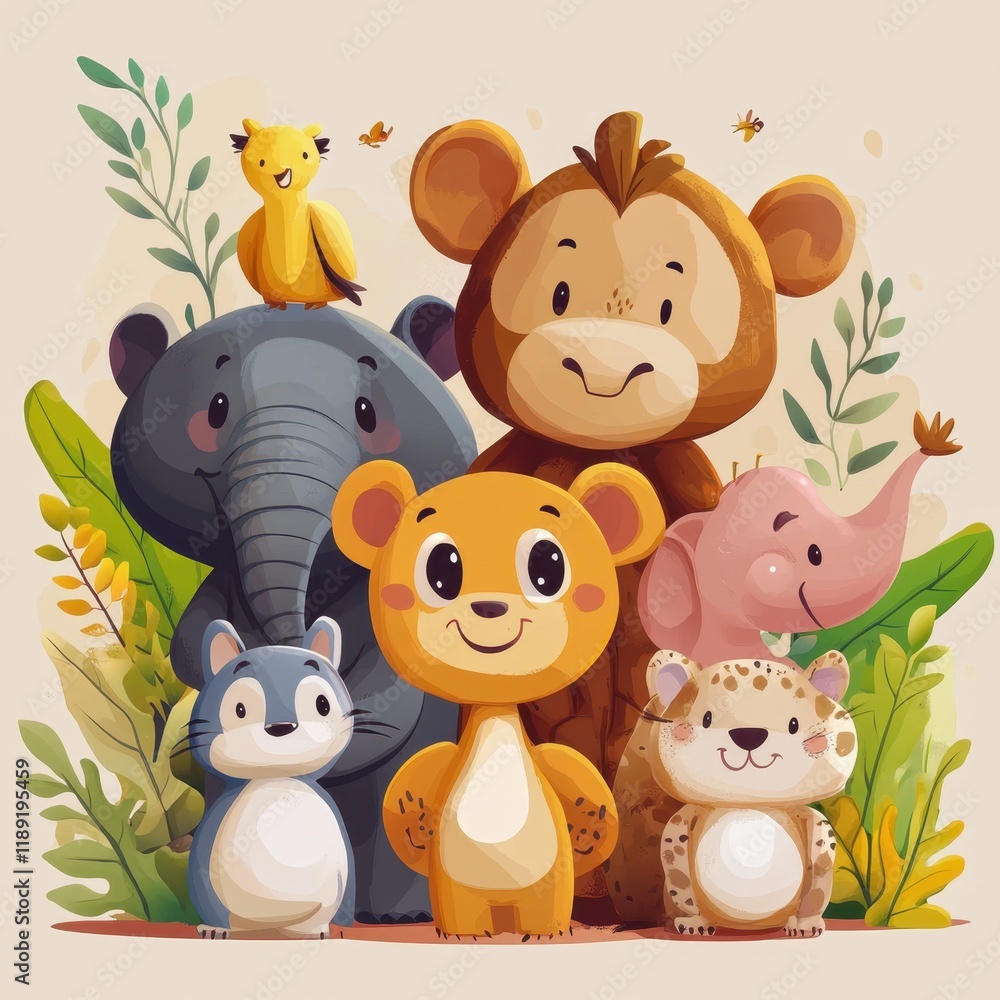 Obraz premium Adorable Cartoon Animals Posing Together In Nature