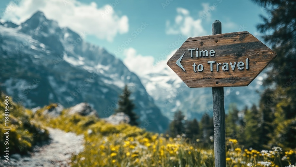 A rustic wooden sign labeled Time to Travel stands along a winding path surrounded by lush green hills and majestic mountains under a bright sky, encouraging exploration. A rustic wooden sign labeled Time to Travel stands along a winding path surrounded by lush green hills and majestic mountains under a bright sky, encouraging exploration.