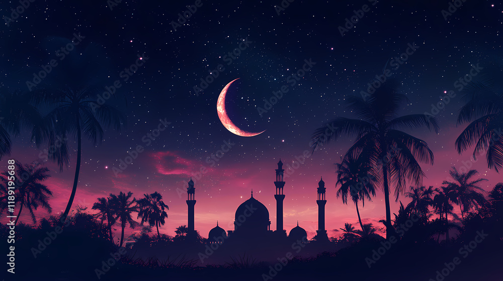 Obraz premium Ramadan kareem - crescent moon, stars, and silhouetted mosque with palm trees in starry night sky. Nightstone. Illustration