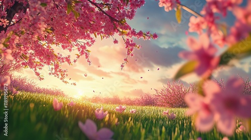 Serene Cherry Blossom Tree in Bloom Amidst Lush Green Grass