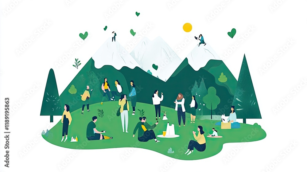 Diverse group of people enjoying a picnic in a lush green park, surrounded by snowy mountains.