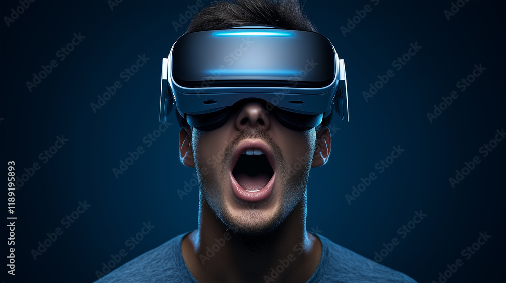 Young man wearing virtual reality glasses, isolated on a dark blue background with a copy space area. Concept of futuristic gaming and the digital world, photorealistic and detailed. Young man wearing virtual reality glasses, isolated on a dark blue background with a copy space area. Concept of futuristic gaming and the digital world, photorealistic and detailed.