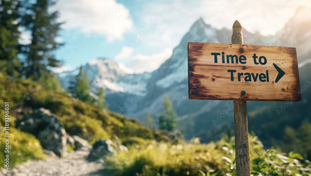 A rustic wooden sign labeled Time to Travel stands along a winding path surrounded by lush green hills and majestic mountains under a bright sky, encouraging exploration. A rustic wooden sign labeled Time to Travel stands along a winding path surrounded by lush green hills and majestic mountains under a bright sky, encouraging exploration.