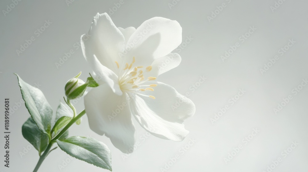 close-up of a white flower with green leaves against a grey background close-up of a white flower with green leaves against a grey background
