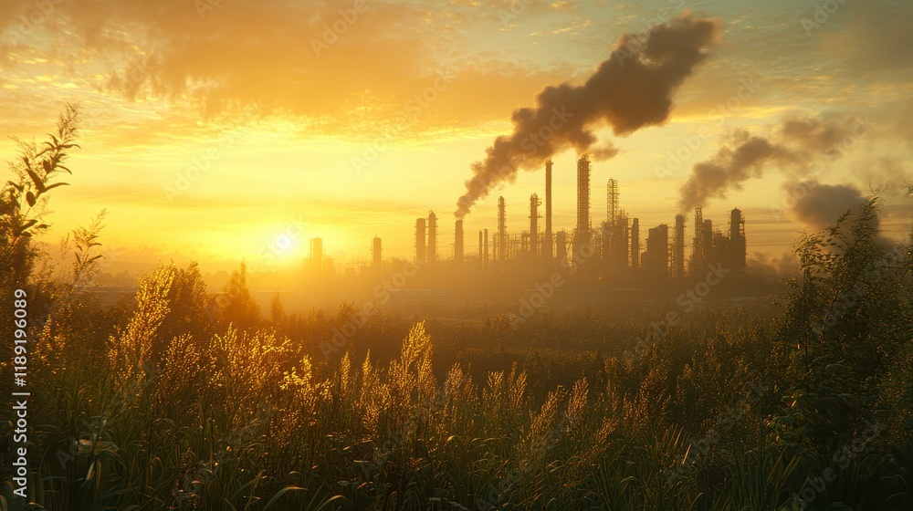 Golden Hour Sunset Over Industrial Refinery with Grassy Foreground