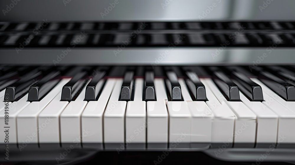 Fototapeta premium Full grand piano 88 black white keys keyboard layout isolated on white wide panorama banner background. classical music symphony orchestra music instrument concept
