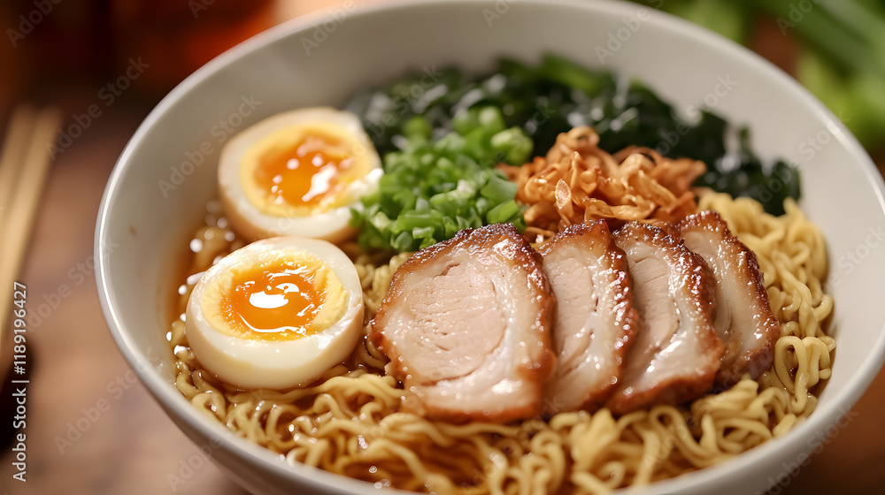 Shoyu ramen noodles with pork and egg Shoyu ramen noodles with pork and egg