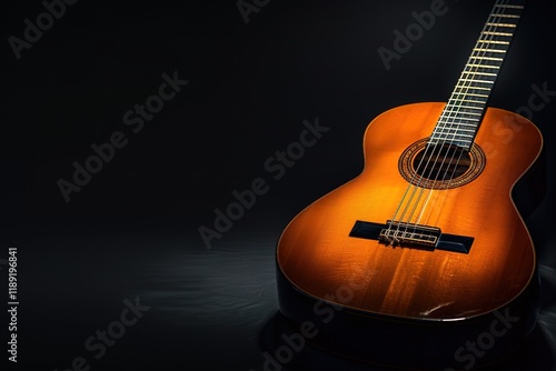 Classical guitar close up, dramatically lit on a black background with copy space