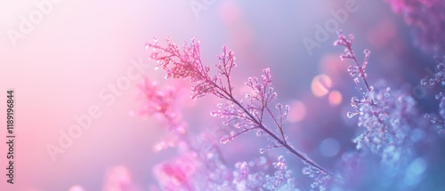 close-up of dew drops on delicate pink flora with soft pastel background