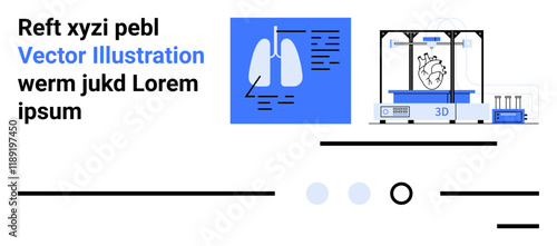 3D printer, printed heart, lung diagram, lines of text, abstract elements. Ideal for medical technology, 3D printing, healthcare innovation, organ transplantation, medical research, future