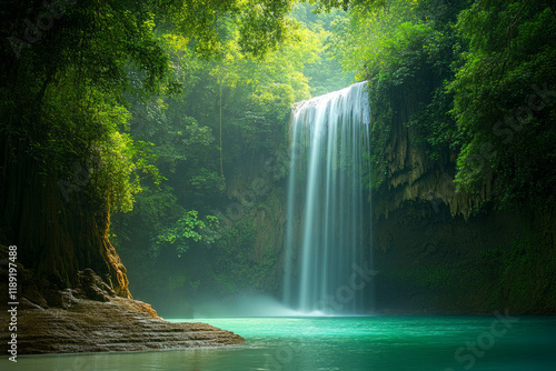 waterfall falling into clear turquoise pond in lush green tropical rainforest