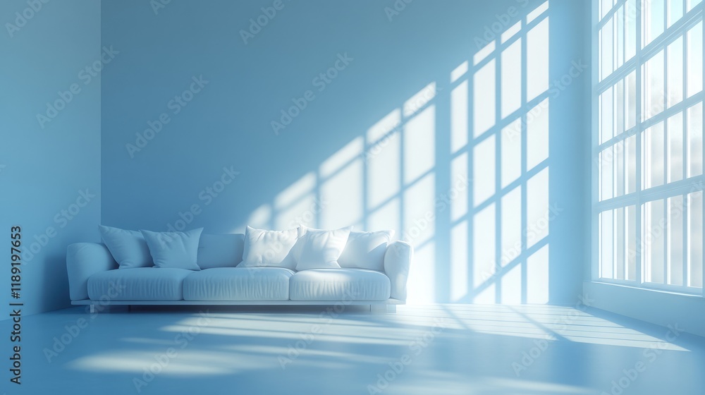 Obraz premium A serene, minimalist living space featuring a white couch and large windows casting shadows.