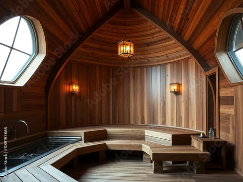 interior of wooden bathhouse sauna. wood-fired sauna. vaporarium photo