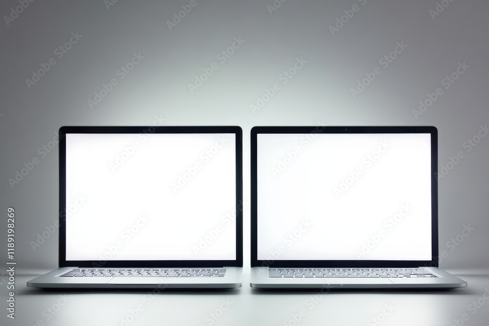 two silver laptops with blank screens on a gray background two silver laptops with blank screens on a gray background
