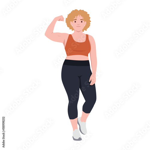 Young curvy figure cheerful overweight fitness woman wearing sports clothing flexing bicep. Flat vector illustration isolated on white background