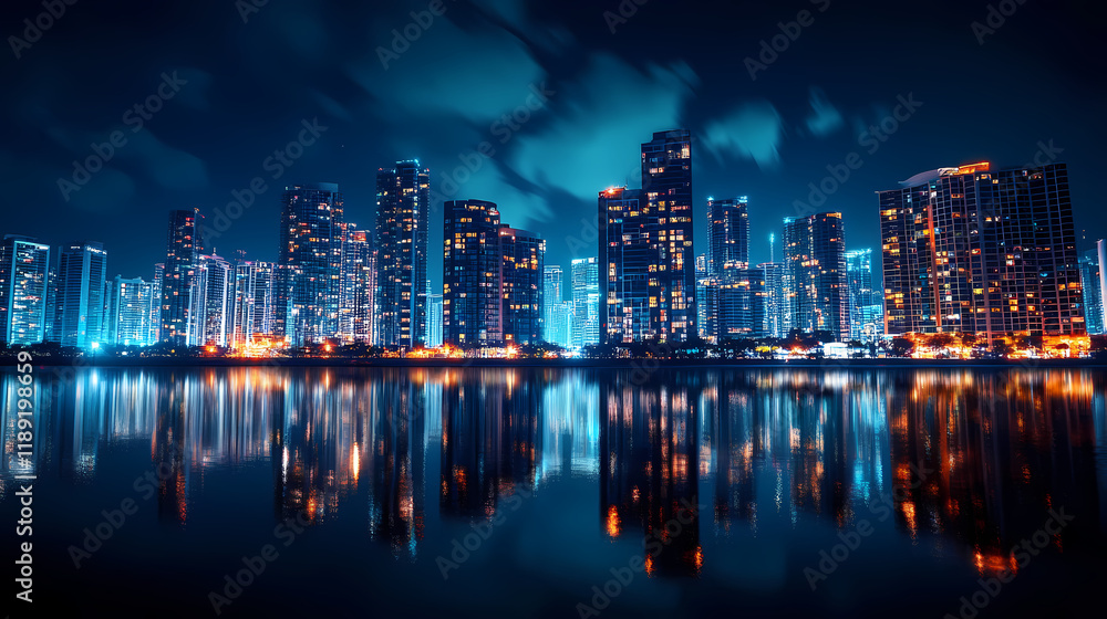 Fototapeta premium Vibrant urban skyline at night, illuminated buildings reflecting in the water. Nightstone. Illustration