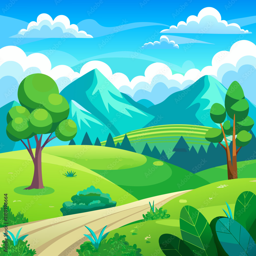 Fototapeta premium A cartoon landscape with green rolling hills, trees, a blue sky with white clouds, and distant mountains with white background