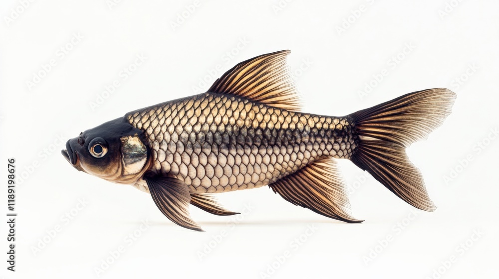 Fototapeta premium a single fish with detailed scales swims across a white background
