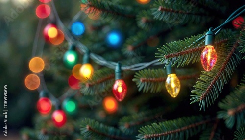 Ornamental Christmas Lights on Pine Tree photo