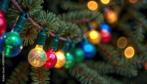 Multicolored Christmas Tree Lights on Pine Branches